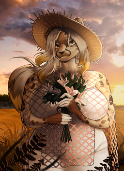 5_fingers anthro belly belly_overhang big_breasts biped bouquet breasts clothed clothed_anthro clothed_female clothing cloud curvy_figure dress eyebrows eyelashes female female_anthro field fingerless_(marking) fingers flower flower_bouquet front_view fur furgonomics glistening glistening_eyes gloves_(marking) grass grey_hair hair hat headgear headwear highlights_(coloring) holding_flower holding_object huge_breasts long_hair looking_at_viewer markings mature_anthro mature_female multicolored_hair orange_eyes orange_highlights outside overweight overweight_anthro overweight_female plant sky slightly_chubby smile smiling_at_viewer solo spots spotted_body spotted_fur standing sun sun_hat sunset tan_body tan_fur thick_thighs white_clothing white_dress white_hair wide_hips red_rooster demetra_(yebjiwara) cheetah felid feline king_cheetah mammal absurd_res detailed digital_media_(artwork) half-length_portrait hi_res portrait shaded