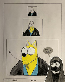 ambiguous_gender anthro blue_clothing blue_shirt blue_topwear border bulging_eyes clothing dialogue duo eye_bags fur green_eyes hooded_cloak looking_up male mysterious_figure shadow_face sharp_teeth shirt smile speech_bubble teeth text topwear yellow_body yellow_fur sharkinthepark dr_knot_(sharkinthepark) canid canine canis domestic_dog mammal 2026 4:5 absurd_res charcoal_(artwork) comic english_text hi_res pastel_(artwork) traditional_media_(artwork)