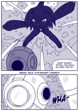anthro armor attack dialogue duo explosion headgear helmet jumping male smoke stuttering text cyyeun xen_(series) switch_(xen) humanoid unknown_species 2007 artist_name blue_and_white blue_monochrome comic dated english_text monochrome