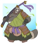 2021 absurd_res anthro belly biped brown_body canid canine captainjusticevirtsuoso clothed clothing hi_res male mammal moobs nipples overweight overweight_male raccoon_dog solo tanuki weapon