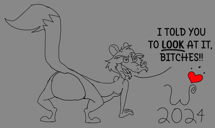 all_fours anthro big_butt biped black_eyes butt butt_pose cheek_tuft chin_tuft curling_tail dialogue dipstick_tail facial_tuft fangs featureless_butt floating_eyebrows half-closed_eyes head_tuft heart_symbol humanoid_hands male markings monobutt mooning narrowed_eyes nude open_mouth overweight overweight_anthro overweight_male paws plantigrade pose presenting presenting_hindquarters profanity raised_heel raised_tail rear_view smile solo tail tail_markings taunting teeth text tiptoes toony tuft whisker_spots wide_hips wheeler-bertrand wheeler_bertrand mammal mustelid musteline true_musteline weasel 2024 dated digital_drawing_(artwork) digital_media_(artwork) english_text hi_res line_art pinup signature