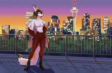 building city city_background clothed clothing dusk female fully_clothed fur googie_aesthetic modern_architecture orange_body orange_fur outside plant pose railing seattle skyline skyscraper solo standing tail tree softmare koi_vixen_(character) canid canine fox mammal absurd_res hi_res