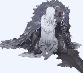 anthro armor black_body black_fur blood bodily_fluids cape clothed clothing duo female fur gauntlets gloves greaves hair handwear hug kneeling male melee_weapon simple_background sword weapon white_background white_hair yoshi.kaoru elden_ring fromsoftware blaidd_(elden_ring) canid canine canis human mammal wolf 2022 hi_res