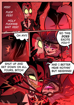 4_eyes 4_fingers anthro armwear back_spines bdsm beak bedroom_eyes belt belt_buckle bit_gag black_beak blush blush_lines bodily_fluids bondage bondage_gear bottomwear bound bridle buckle butt canon_couple chest_tuft clothing coat collar command corset dialogue dominant dominant_male drooling duo elbow_gloves erection eye_contact eyebrows fake_ears fake_equine_ears fake_equine_tail fake_tail feather_hair feather_tuft feathers fingerless_gloves fingers forehead_mark gag gloves grey_body grey_feathers halter hand_on_crotch handwear harness heart_(marking) heart_eyes heart_symbol holding_object holding_whip horn imminent_sex leash leash_pull lingerie looking_at_another male male/male markings multi_eye multicolored_body narrowed_eyes onomatopoeia open_mouth open_smile pants petplay pink_sclera ponyplay profanity pseudo_hair pupils red_background red_body red_eyes red_sclera riding_crop roleplay saliva seductive shaking sharp_teeth shivering simple_background size_difference slit_pupils small_dom_big_sub smile sound_effects sparkles speech_bubble spines submissive submissive_anthro submissive_male teeth text tongue topwear tuft twitching whip yellow_sclera yellow_teeth glitzbot ourladygrem hellaverse helluva_boss blitzo_(helluva_boss) stolas_(helluva_boss) avian bird demon demon_humanoid horned_humanoid humanoid imp owl owl_demon artist_collaboration artist_name comic english_text hi_res signature