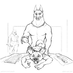 abs all_fours anal anal_penetration anthro anthro_on_anthro bdsm being_watched bent_over bodily_fluids bottomwear bottomwear_down clothed clothing collar cum cum_in_mouth cum_inside cum_on_face desk doggystyle dominant dominant_male duo_focus from_behind_position front_view furniture genital_fluids group half-closed_eyes larger_dom leash leash_pull licking licking_lips looking_at_another male male/male male_penetrated male_penetrating male_penetrating_male mostly_nude muscular muscular_male narrowed_eyes nude open_mouth pants pants_down partially_clothed penetration petplay roleplay self_lick sex shirt size_difference smaller_penetrated smile submissive submissive_male table text tongue tongue_out tools topless topwear unprofessional_behavior wrench zaush african_wild_dog canid canine canis dobermann domestic_dog mammal pinscher 2018 digital_drawing_(artwork) digital_media_(artwork) hi_res monochrome sketch url