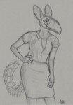 anthro beak bent_over big_beak blouse bottomwear breasts button_(fastener) clothed clothing female furgonomics hand_on_hip leaning leaning_forward looking_aside markings pencil_skirt pose sassy scuted_arms scutes shirt skirt small_breasts smile smirk solo spots spotted_markings tail tail_through_skirt topwear unbuttoned_shirt sejantlamb mythology mira_(wetchop) aracari avian bird felid gryphon hybrid leopard mammal mythological_avian mythological_creature pantherine toucan graphite_(artwork) greyscale hi_res monochrome sketch traditional_media_(artwork)