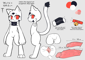 ambiguous_gender anthro arm_tuft bell bell_collar big_penis black_markings black_scarf bodily_fluids clitoral_hood clitoris collar cominc dipstick_tail erection facial_markings female gaping gaping_vagina genital_fluids genitals grey_background head_markings leg_tuft looking_at_viewer male markings navel nude_anthro penile_spines penis pink_penis red_collar red_eyes scarf shoulder_tuft simple_background solo standing tail tail_markings text tuft vaginal_fluids vulva white_scarf defunctumbra umbra_(defunctumbra) felid feline mammal 2023 english_text hi_res model_sheet
