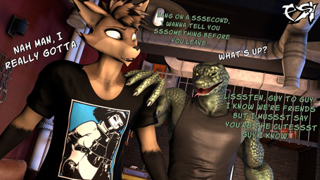 anthro black_body black_clothing black_fur black_highlights black_sclera black_shirt black_tank_top black_topwear brown_body brown_fur brown_hair clothed clothed_anthro clothed_male clothing dialogue duo fur green_body green_scales hair highlights_(coloring) male multicolored_body multicolored_fur multicolored_hair scales shirt t-shirt tank_top text topwear two_tone_body two_tone_fur two_tone_hair yellow_eyes psikokinetic petruz_(modeler) warfaremachine_(modeler) isamu_(psikokinetic) psiko_(psikokinetic) canid canine canis jackal mammal reptile scalie snake 16:9 2024 3d_(artwork) 4k absurd_res digital_media_(artwork) english_text hi_res source_filmmaker_(artwork) widescreen