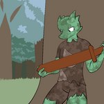 1:1 2014 anthro clothed clothing digital_media_(artwork) dirty fen_(lagotrope) grass green_body green_skin horn kobold lagotrope lizard male melee_weapon outline plant pupils reptile scalie shirt slit_pupils solo standing story story_at_source story_in_description sword tgchan topwear tree weapon white_eyes