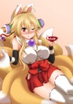 :d :q ahoge alcohol beverage big_breasts blonde_hair blush breasts clothing colored_nails drunk female food hair legwear long_hair looking_at_viewer multi_tail nails one_eye_closed red_eyes sake scroll smile solo substance_intoxication tail thigh_highs tongue white_clothing white_legwear wink shinjitsu_(true_ride) shinrabanshou izuna_(shinrabanshou) animal_humanoid canid canid_humanoid canine canine_humanoid fox fox_humanoid humanoid mammal mammal_humanoid hi_res