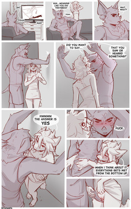 5_fingers anthro anthro_on_anthro biped breasts butt claws clothed clothed_anthro clothed_male clothing dialogue duo female finger_claws fingers fur genitals hair male male/female navel profanity speech_bubble standing tail teeth text vulva spuydjeks miles_(spuydjeks) spuydjeks_(character) bat hyena mammal 2026 absurd_res comic digital_drawing_(artwork) digital_media_(artwork) english_text hi_res sketch