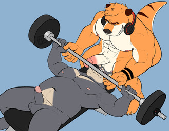 abs anthro anthro_on_anthro balls balls_on_face barbell barefoot big_muscles blue_background duo electronics erection exercise eyebrows feet fur genitals headphones headphones_around_neck humanoid_genitalia humanoid_penis lying male male/male muscular muscular_anthro muscular_male narrowed_eyes nipples nude on_back pecs penis penis_in_face sexercise simple_background smile standing teeth tuft weight_bench weightlifting workout hashburrowns ryan_mcbear zeke_(barazokudex) bear mammal mustelid otter 2021 hi_res