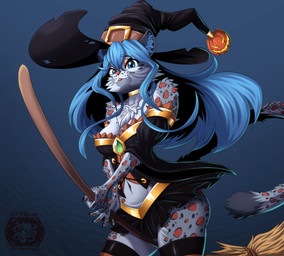 anthro big_breasts blue_eyes blue_hair body_hair bottomwear breasts broom broom_riding chest_hair chest_tuft cleaning_tool clothing ear_tuft eyeshadow female food fruit fur fur_markings grey_body hair inner_ear_fluff makeup markings miniskirt orange_markings plant pumpkin skirt solo striped_markings striped_tail stripes tail tail_markings tuft white_body ottobum felid feline mammal pantherine snow_leopard absurd_res hi_res