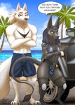 3_toes 5_fingers anthro athletic athletic_anthro athletic_male beach bikini bikini_bulge biped black_sclera bulge claws clothed clothing detailed_background detailed_bulge digitigrade duo feet femboy fingers glowing glowing_eyes hair hindpaw larger_male male male/male male_anthro paws penis_in_bikini police police_uniform size_difference smaller_male swimwear tail text thick_thighs toe_claws toes triangle_bikini two-piece_swimsuit uniform link6432 mythology black_(link6432) deadman_joe_velasquez anubian_jackal canid canine canis jackal mammal wolf absurd_res digital_media_(artwork) english_text hi_res