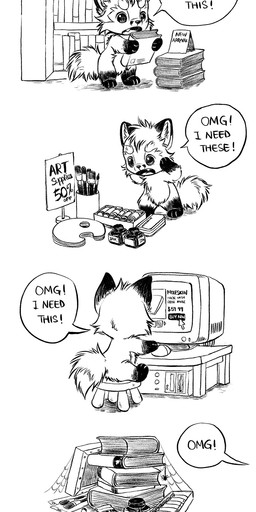 ambiguous_gender anthro biped book computer electronics fur furniture open_mouth solo speech_bubble stool table tail text silverfox5213 silverfox5213_(character) canid canine fox mammal 2023 comic english_text hi_res monochrome