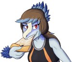 anthro arm_feathers blue_body blue_hair blue_highlights blue_scales brown_hair claws eating eating_food elbow_feathers eyelashes feathers female finger_claws fingers food freckles hair highlights_(coloring) long_hair looking_at_viewer multicolored_hair pizza red_eyes scales simple_background smile snout solo teeth two_tone_hair white_background napkinbot cavemanon_studios i_wani_hug_that_gator jenine_(iwhtg) dinosaur dromaeosaurid feathered_dinosaur feathered_scalie prehistoric_species reptile scalie theropod velociraptor 2024 digital_drawing_(artwork) digital_media_(artwork)