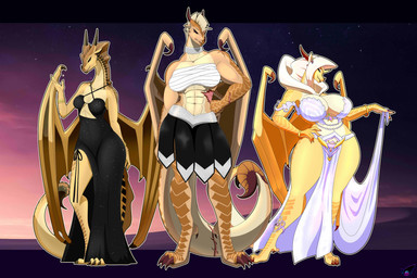 anthro bandage big_breasts biped bottomwear bra breasts claws clothed clothing collar dress ear_piercing ear_ring facial_horn female female_anthro finger_claws frill_(anatomy) front_view gem_jewelry gold_(metal) gold_jewelry group horn jewelry looking_at_viewer muscular muscular_anthro muscular_female nose_horn piercing ring_piercing scar skirt standing stinger stinger_tail tail toe_claws trio underwear wide_hips blueondrive mythology wings_of_fire blaze_(wof) blister_(wof) burn_(wof) dragon mythological_creature mythological_scalie sandwing_(wof) scalie absurd_res hi_res