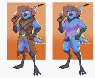 anthro beak black_beak black_hands black_penis blue_body blue_feathers clothed clothing crossbow explorer_outfit feathers feet genitals hat hat_feather headgear headwear loose_feather male nude_male penis ranged_weapon solo talon_hands talons tappered toes weapon yellow_eyes jamil_gonzalez paizo pathfinder nickel_(whispwhim) avian bird parrot hi_res model_sheet