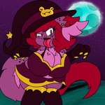 anthro big_breasts breasts clothed clothing female fully_clothed fur hat headgear headwear huge_breasts purple_body purple_fur solo tongue tongue_out witch_costume witch_hat chibitay chibi_(chibitay) domestic_cat felid feline felis mammal translynx 1:1 absurd_res hi_res