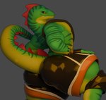 anthro big_butt black_bottomwear black_clothing black_gloves black_handwear black_shorts blue_eyes bottomwear butt clothed clothing fingerless_gloves footwear gloves green_body green_scales grey_background handwear knee_pads male mouth_closed orange_clothing orange_footwear orange_shoes red_clothing red_footwear red_socks scales shoes shorts simple_background socks solo tail thick_thighs topless topless_anthro topless_male anaroth maru_chan237_(modeler) epic_games fortnite lizzik_(fortnite) lizard reptile scalie 2025 3d_(artwork) digital_media_(artwork) english_description hi_res
