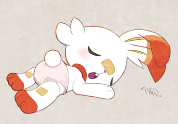 ambiguous_gender anthro clean_diaper clothed clothing diaper diaper_only sleeping solo topless wearing_diaper hinako_iroiro nintendo pokemon generation_8_pokemon pokemon_(species) scorbunny digital_media_(artwork)