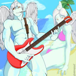 abs anthro anthro_focus athletic athletic_anthro athletic_male beach bikini biped blurred_background bone_frill breasts cigarette cigarette_in_mouth clothed clothed_anthro clothed_female clothing cloud convenient_censorship crossgender day devil_horns_(gesture) duo electric_guitar feathered_wings feathers female fingers frill_(anatomy) front_view ftm_crossgender gesture grey_hair guitar hair hand_gesture holding_guitar holding_musical_instrument holding_object humanoid_hands long_hair looking_aside male male_focus medium_breasts musical_instrument navel non-mammal_breasts non-mammal_navel nude_anthro nude_male object_in_mouth orange_eyes outside palm_tree pecs pink_bikini pink_clothing pink_swimwear plant plucked_string_instrument sand sea sitting sky standing string_instrument swimwear tree two-piece_swimsuit water white_body white_feathers wings oblinejoy goodbye_volcano_high ko_op_(game_developer) fang_(gvh) prehistoric_species pterosaur reptile scalie 1:1 2025 hi_res