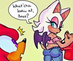 6:5 anthro bat bottomwear butt butt_pose clothed clothing dialogue duo echidna english_text female knuckles_the_echidna looking_back male mammal monotreme pants pose rouge_the_bat sega shirt simple_background sonic_the_hedgehog_(series) text thechaosspirit topwear