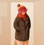 anthro beanie blue_eyes brown_clothing clothing coat countershading doorway female fur_clothing hair hand_in_pocket hat headgear headwear legwear messy_hair orange_body pink_hair pockets red_scarf scarf shark_tail short_hair smile solo standing tan_body tan_countershading thigh_highs topwear trenchcoat winter_clothing anonymous_artist gwen_haifisch_(codsterox) fish marine shark hi_res