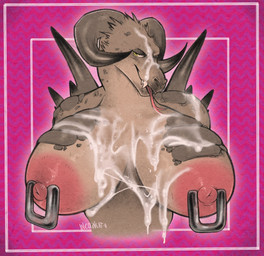 anthro areola big_areola big_breasts bodily_fluids breasts cum cum_covered cum_on_breasts cum_on_face excessive_cum excessive_genital_fluids female genital_fluids messy nipple_piercing nipples non-mammal_breasts non-mammal_nipples piercing solo incogneat-o fallout microsoft salem_(incogneat-o) deathclaw scalie 2023 digital_media_(artwork) hi_res