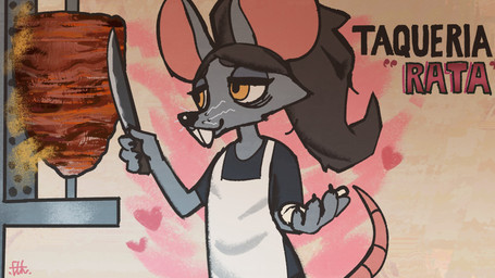 anthro biped claws clothed clothed_anthro clothed_female clothing female fingers front_view fur hair knife shawarma simple_background smile solo standing tail teeth whiskers el-k ratricia_(el-k) mammal mouse murid murine rodent 16:9 2026 digital_drawing_(artwork) digital_media_(artwork) hi_res widescreen
