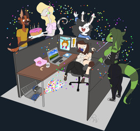 anthro big_breasts breasts cleavage clothed clothing computer dessert doughnut electronics female food group laptop male pastry raidak5 evelynn_(orange_bongo) joyce_(raidak5) rai_(raidak5) canid canine iguana iguanid lagomorph leporid lizard mammal maned_wolf rabbit reptile scalie skink absurd_res hi_res