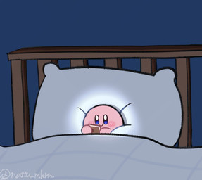 ambiguous_gender bed biped blue_background blue_eyes blush blush_lines blush_stickers cellphone closed_smile electronics furniture holding_cellphone holding_object holding_phone holding_smartphone mouth_closed not_furry phone pillow pink_body simple_background smartphone smile solo under_covers nattu_mkrn kirby_(series) nintendo kirby waddling_head 2026 digital_drawing_(artwork) digital_media_(artwork) hi_res signature
