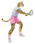 anthro bottomwear clothed clothing female footwear fully_clothed fur holding_object holding_tennis_racket markings playing_sport shirt shoes side_view simple_background skirt smile socks solo sport spots spotted_body spotted_fur standing tennis tennis_racket topwear white_background yellow_body yellow_fur cettus ilse_lemaire felid jaguar mammal pantherine 2023 hi_res