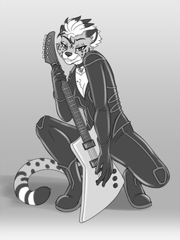 anthro biped boots breasts chest_tuft clothing collar ear_piercing electric_guitar female footwear fur guitar looking_at_viewer markings musical_instrument piercing plucked_string_instrument shoes smile solo spots spotted_body spotted_fur string_instrument tuft heresy_(artist) lancer:_the_knights_of_fenris priss_kitanova cheetah felid feline mammal 2021 3:4 digital_media_(artwork) hi_res monochrome shaded
