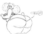 anthro big_breasts big_butt blush bottomwear breasts buckteeth butt butt_focus cellulite clothed clothing crop_top female fluffy fluffy_hair gameplay_mechanics hair hotpants huge_butt markings mole_(marking) open_mouth overweight overweight_female pigtails rear_view shirt shorts smile solo tail teeth text topwear itzjaylock mammal marsupial vombatiform wombat english_text monochrome