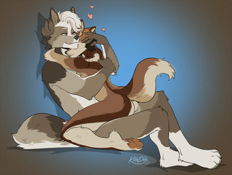4_toes 5_fingers anthro biped breasts butt duo feet female fingers fur hair heart_symbol inner_ear_fluff male nude nude_anthro nude_female nude_male sitting smile tail toes tuft kittydee canid canine mammal 2025 digital_drawing_(artwork) digital_media_(artwork)