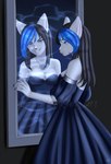 altered_reflection anthro black_hair blue_clothing blue_dress blue_eyes blue_hair breasts claws cleavage clothed clothing dress female grin grinning_at_viewer hair jewelry magic mirror necklace reflection smile solo the_furry_tail_of_your_soul dawn_(ask_derpy_cat1) domestic_cat felid feline felis mammal nebelung hi_res