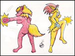 anthro blonde_hair boxing_gloves breasts butt clothing duo female fighters fighting_pose fur genitals hair handwear motion_lines nude pokemorph pose pussy red_hair reddragonkan nintendo pokemon eeveelution flareon generation_1_pokemon jolteon pokemon_(species) traditional_media_(artwork)