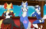 alternate_color anthro bikini breasts butt clothing detailed_background female group inner_ear_fluff outside pokemorph sitting string_bikini swimwear tuft two-piece_swimsuit skylosminkan nintendo pokemon fan_character matilda_(starthemutts) skye_primis delphox dusk_lycanroc generation_6_pokemon generation_7_pokemon lycanroc pokemon_(species) shiny_pokemon absurd_res digital_media_(artwork) hi_res shaded