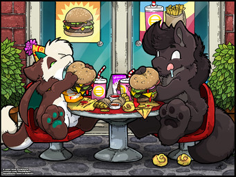 ambiguous_gender anthro black_body black_fur black_hair brown_body brown_fur burger chibi cream_hair duo eating food fries fur hair open_mouth o-kemono mammal 2020 digital_drawing_(artwork) digital_media_(artwork)