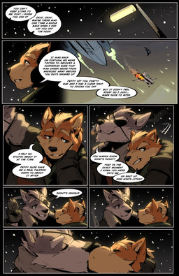 anthro black_clothing black_gloves black_handwear cigarette cigarette_smoke clothing dialogue eye_patch eyewear fur gloves green_clothing green_hoodie green_topwear grey_body grey_fur handwear holding_cigarette holding_object hoodie kiss_on_lips kissing male male/male night orange_body orange_fur smoke snow snowing space spacecraft speech_bubble star street_lamp text topwear vehicle mashtateos nintendo star_fox fox_mccloud wolf_o'donnell canid canine canis fox mammal wolf comic english_text hi_res