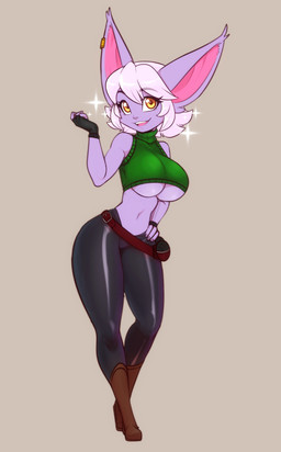 belt big_breasts boots bottomwear breasts clothing crop_top ear_piercing eyebrow_through_hair eyebrows eyelashes female fingerless_gloves footwear fur gloves hair hand_on_hip handwear midriff pants piercing purple_body purple_fur shirt shoes smile solo sparkles topwear translucent translucent_hair under_boob white_hair yellow_eyes scorpdk league_of_legends riot_games tencent tristana_(lol) humanoid yordle 2026 hi_res