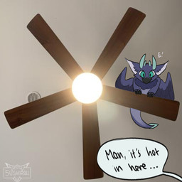ambiguous_gender animal_noises beak black_beak black_claws blue_eyes blue_horn blue_tuft blue_wings ceiling_fan claws dialogue electric_fan exclamation_point feral horn looking_down photo_background sitting solo speech_bubble tail tail_tuft text tuft wings 5ushiroll mythology avian gryphon mythological_avian mythological_creature 1:1 2020 absurd_res digital_media_(artwork) english_text hi_res photography_(artwork)