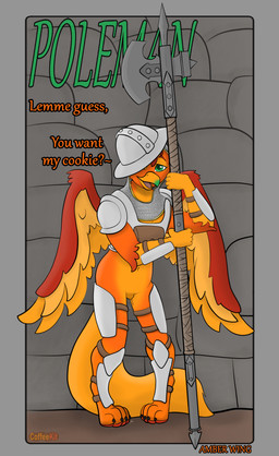 animal_genitalia animal_vulva anthro arm_guards armor beak bedroom_eyes bodily_fluids bottomless bottomless_female breastplate canine_genitalia canine_vulva chainmail chest_armor claws clothed clothing coif cuirass cuisse dialogue dirt dripping eye_glint feathers female fur genital_fluids genitals green_eyes hair headgear helmet holding_object holding_weapon kettle_helmet knee_pads leaking leather leather_strap leg_armor loli looking_at_viewer medieval medieval_armor melee_weapon narrowed_eyes navel no_underwear orange_body orange_fur pantsless pawpads paws plate_armor polearm poleaxe poleyn pouch_(clothing) pussy_juice_leaking pussy_juice_on_feet red_hair rock schynbalds seductive shin_guards shoulder_armor shoulder_guards simple_background solo stone_wall straps tail talking_to_viewer text tired tired_eyes toe_claws vaginal_fluid_drip vaginal_fluid_string vaginal_fluids vaginal_fluids_on_ground vaginal_fluids_on_leg vaginal_fluids_on_vulva vambrace vulva wall_(structure) weapon wings wraps young young_anthro young_female coffeekit mythology amber_wing avian gryphon mythological_avian mythological_creature english_text hi_res shaded