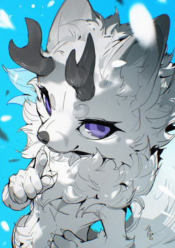 2_horns 5_fingers anthro blue_background claws closed_smile eyebrows eyelashes facial_scar female finger_claws fingerpads fingers fur hand_on_hip hand_on_own_hip head_horn horn inner_ear_fluff light_body light_fur mouth_closed neck_tuft nude nude_anthro nude_female pawpads pupils purple_eyes ringed_iris scar shush simple_background smile smiling_at_viewer solo tail tuft white_sclera chiayeeee canid canine fox mammal 2025 digital_drawing_(artwork) digital_media_(artwork) half-length_portrait hi_res portrait signature