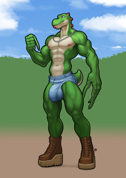 abs anthro blue_eyes boots bottomwear bulge chain_necklace claws clothing daisy_dukes denim denim_bottomwear denim_clothing denim_shorts detailed_bulge fist flexing flexing_bicep footwear genital_outline green_body green_claws hotpants hyper_claws jewelry lips long_claws looking_aside male muscular muscular_male navel necklace nipple_piercing nipples penis_outline piercing platform_boots platform_footwear red_lips red_nipples shoes short_tail shorts simple_background sky solo spikes spikes_(anatomy) tail longblueclaw mario_bros nintendo green_yoshi yoshi absurd_res hi_res signature