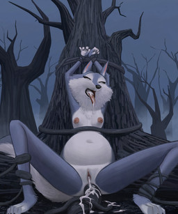 abdominal_bulge anal anal_penetration anthro arms_tied bdsm belly belly_expansion blue_body blue_fur bodily_fluids bondage bound breasts cheek_tuft cum cum_in_ass cum_in_mouth cum_in_vagina cum_inflation cum_inside expansion facial_tuft female fluffy fluffy_tail fur genital_fluids genitals inflation penetration plant plant_sex questionable_consent raised_arms small_breasts solo spread_legs spreading tail tentacles tree tree_tentacles tuft vulva white_body white_fur wolfinasuit darkwood illumination_entertainment sing_(movie) porsha_crystal canid canine canis mammal wolf absurd_res hi_res