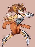 anthro aperture_logo big_butt blue_eyes bottomwear breasts brown_body brown_fur brown_hair butt cleavage clothed clothing female fur hair jumpsuit long_fall_boots looking_at_viewer orange_clothing orange_jumpsuit ponytail portal_gun shirt simple_background smile smiling_at_viewer solo tank_top text thick_thighs topwear wide_hips jammedvhs aperture_science portal_(series) valve chell chell_(fursona) canid canine fennec_fox fox mammal true_fox 3:4 digital_media_(artwork) english_text shaded