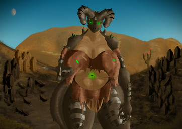 5_fingers anthro belly big_breasts breasts claws clothed clothing curvy_figure desert detailed_background female fingers glowing glowing_eyes horn huge_breasts looking_at_viewer navel smile solo tail thick_thighs voluptuous wide_hips axelkirby fallout microsoft deathclaw glowing_deathclaw monster scalie absurd_res digital_media_(artwork) hi_res huge_filesize