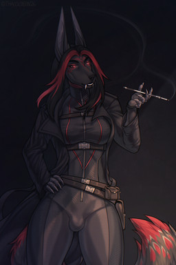 5_fingers anthro biped bodysuit breasts bulge claws clothed clothed_anthro clothed_gynomorph clothed_intersex clothing finger_claws fingers front_view gynomorph hair intersex simple_background skinsuit smoke solo standing tail teeth tight_clothing tongue thalislixeon canid canine canis jackal mammal 2:3 hi_res